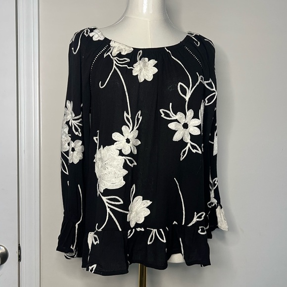 INC International Concepts Tops - Inc International Concepts Black & White Floral Embroidered Blouse